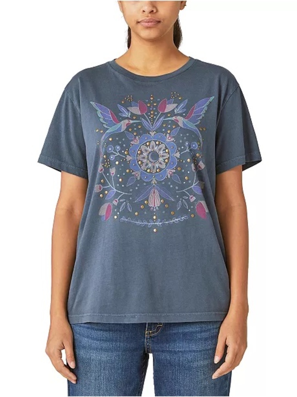 Lucky Brand Slate Blue Floral & Bird Graphic Short-Sleeve Tee